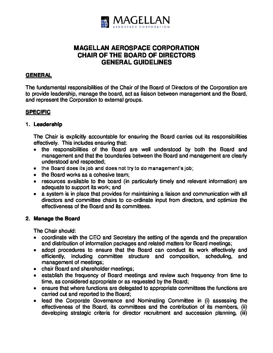 Board Chair Mandate Magellan Aerospace